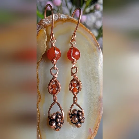 Copper Dangle Earrings Orange-Red Carnelian Agate Artisan Crafted - Picture 12 of 16
